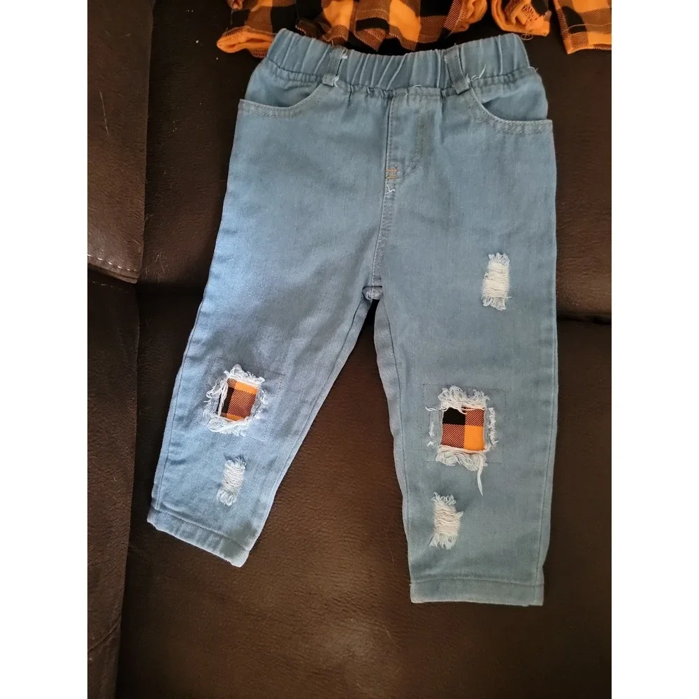 Fall Halloween orange plaid outfit top jeans belt size 18 24 months boutique